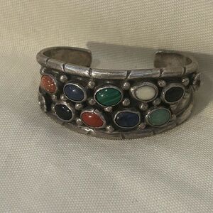 Vintage Sterling Silver Cuff Mexico Multi Stone Lapis Malachite Coral Onyx MOP
